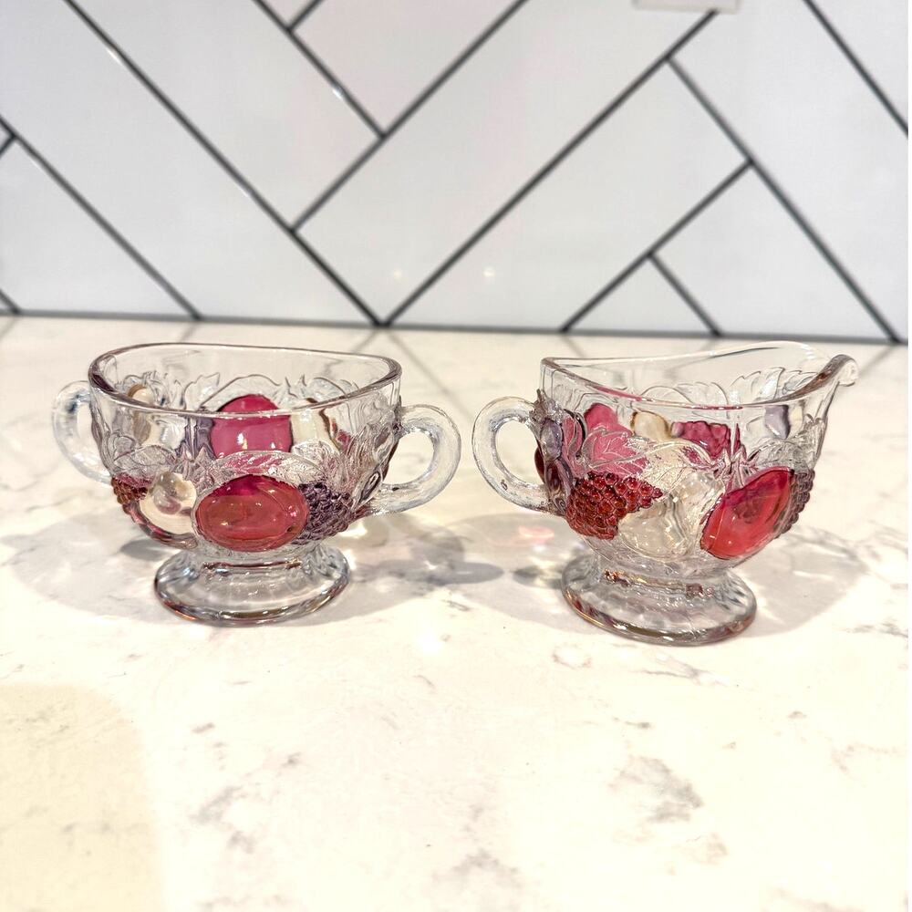 vintage Westmoreland Della Robbia creamer sugar set 40s clear glass red fruit
